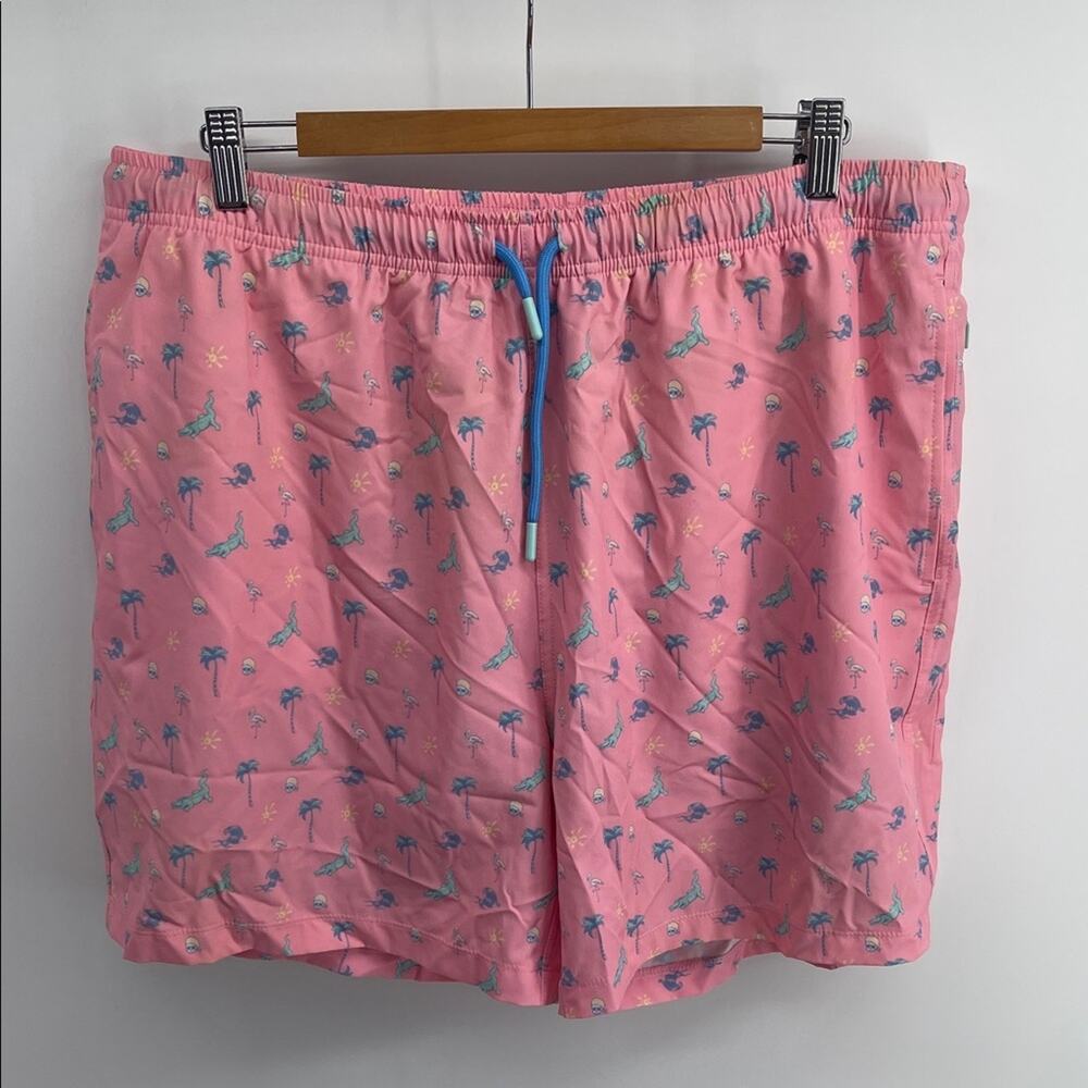 SSCO elastic drawstring waist lined Pink Palm Print Men's Swim Trunks